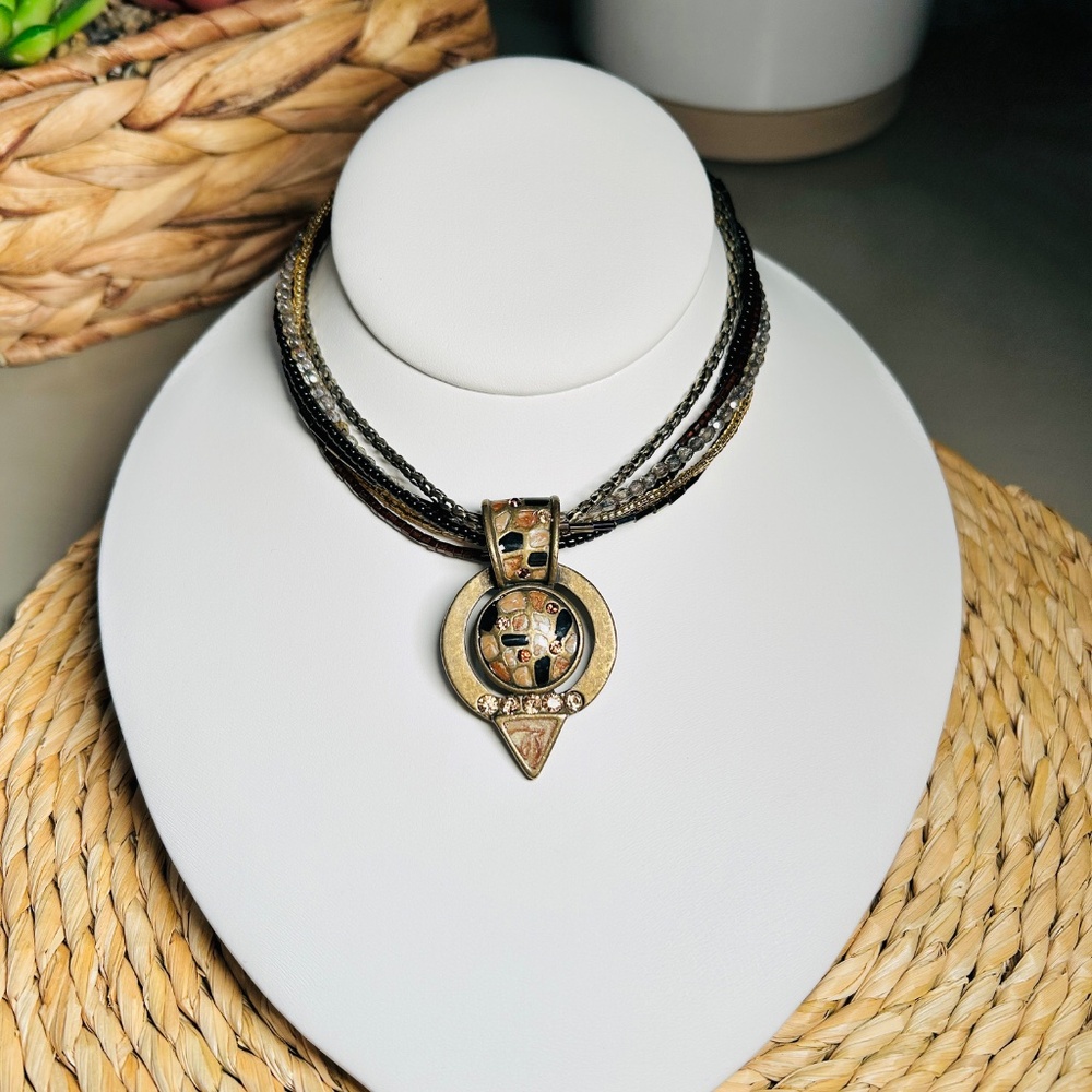 Chico's Multistrand Beaded and Crystal Enamel Bronze Pendant Necklace